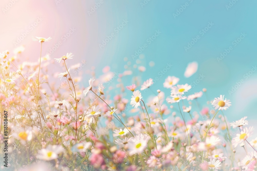 A beautiful, sun-drenched spring summer meadow. Natural colorful panoramic landscape with many wild flowers of daisies against blue sky. A frame with soft selective focus with generative ai