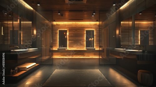 High-quality image of a bathroom with a floating vanity, modern sinks, and large mirrors © G.Go