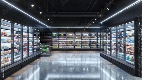 refrigerated frozen food section with illuminated glass door displays in modern supermarket interior 3d illustration photo