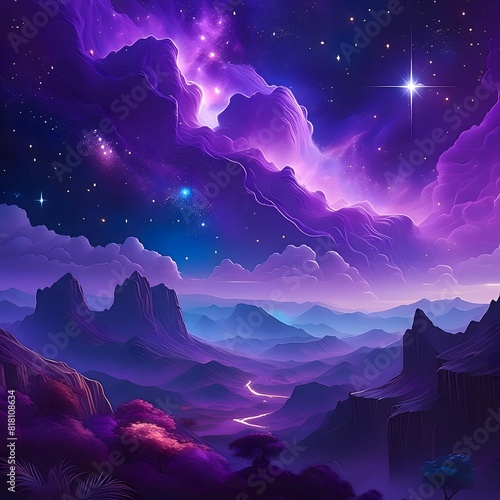 Fantasy sky cloudy blue purple galaxy with stars, generative AI