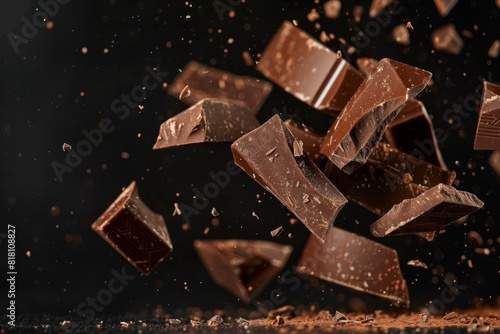 A close up of chocolate pieces in the air. Advertising shot on black background with copy space.