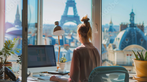 Woman working at desk with eiffel tower view