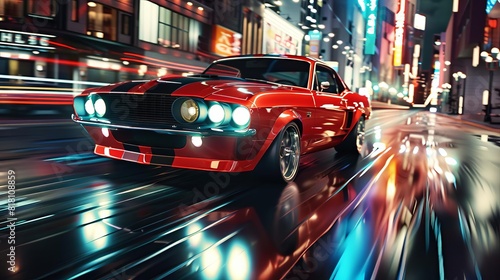 retro muscle car cruising down a city street at night vintage automotive 3d illustration