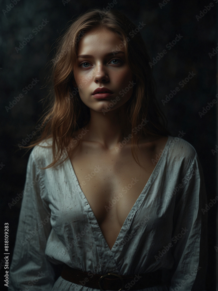 Pensive Young Woman in Low-Cut Blouse with Dark Moody Background