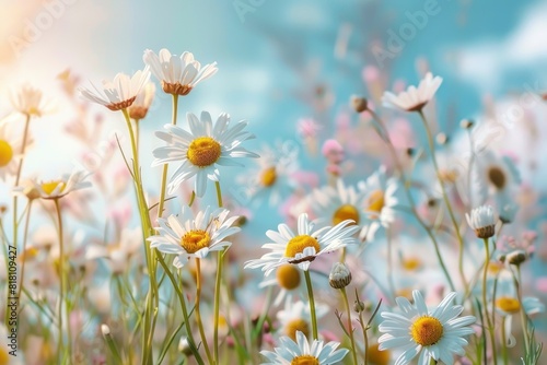 A beautiful, sun-drenched spring summer meadow. Natural colorful panoramic landscape with many wild flowers of daisies against blue sky. A frame with soft selective focus with generative ai