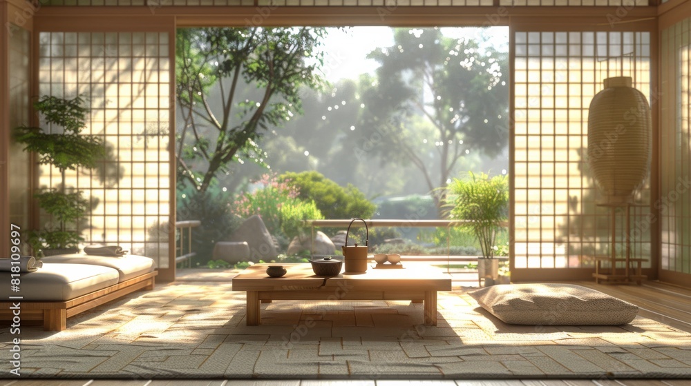 High-quality image of a Japanese-inspired living room with minimalist furniture, bamboo accents, and a tranquil atmosphere High-quality image of a Japanese-inspired living room with minimalist furniture, bamboo accents, and a tranquil atmosphere