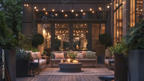 A modern urban patio is warmly lit by string lights and candles. Comfortable outdoor furniture surrounds a central fire pit  creating a cozy ambiance.