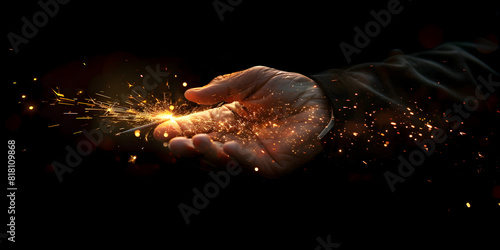 A cinematic black background with two fingers touching one another creating a bright spark Fiery Transcendence Dancing Sparks Enveloping the Abyss From a cylinder and Generative AI a magician conjur  