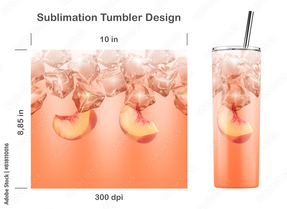 Obraz premium Realistic Peach drink pattern with ice cubes. Seamless sublimation template for 20 oz skinny tumbler. Sublimation illustration. Seamless from edge to edge. Full tumbler wrap.