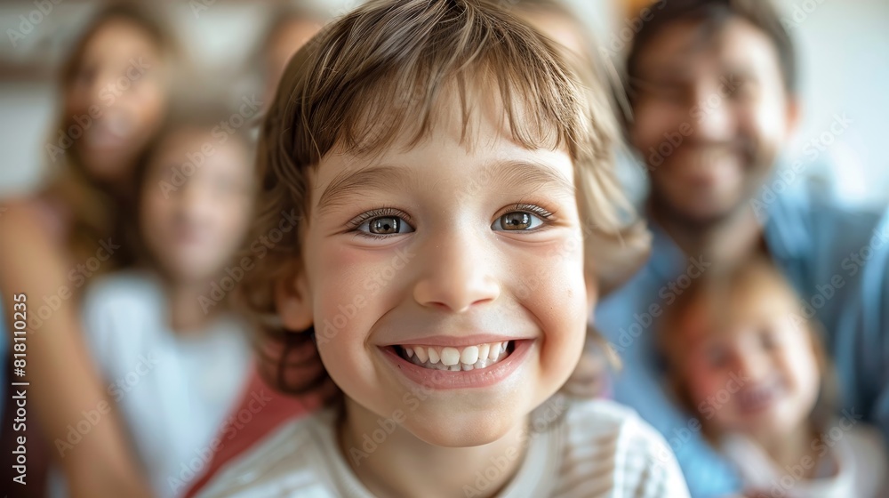 Obraz premium A close-up of a child's smile, with a blurred background of a family gathering Capture the joy and warmth of family love