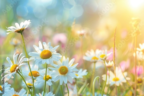 A beautiful  sun-drenched spring summer meadow. Natural colorful panoramic landscape with many wild flowers of daisies against blue sky. A frame with soft selective focus with generative ai