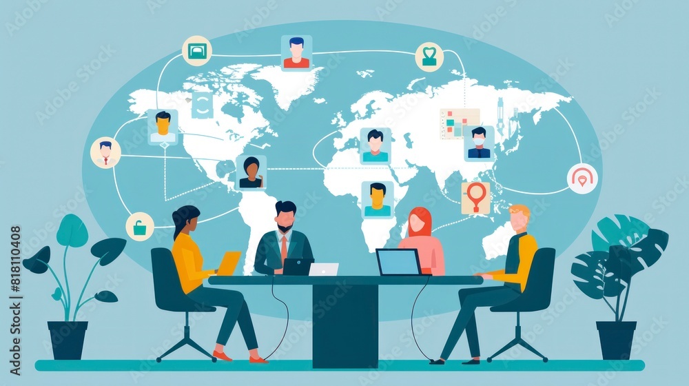 illustration of a work group in a conference on screens in an office with the world map in the background in high resolution and high quality. teleworking concept illustration of a work group in a conference on screens in an office with the world map in the background in high resolution and high quality. teleworking concept