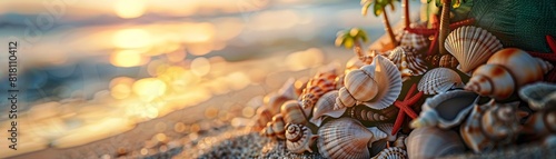 seashells, palm, tree, beach, Christmas, stocking, sand, summer, holiday, tropical, vacation, festive, decoration, closeup, miniature, blurred, background, celebration, ornament, tradition photo