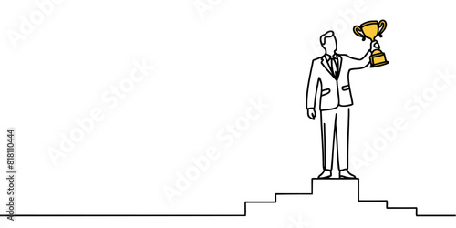 One line drawing of a young businessman in a suit lifting a golden trophy with one hand on a podium