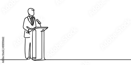 A man in a suit behind the podium, one continuous line of speeches on the podium