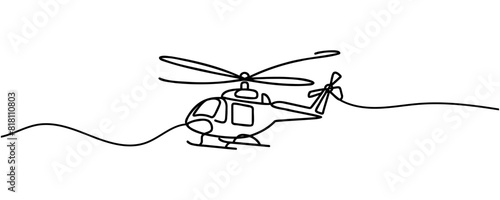 continuous line helicopter in flight. Drawing black thin line on white background