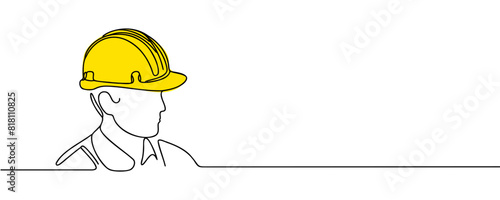 Single continuous line drawing of a young builder. Business concept of building architecture. Single line vector.