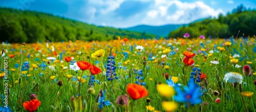 A lush green field filled with a variety of colorful flowers  blue sky and mountains background