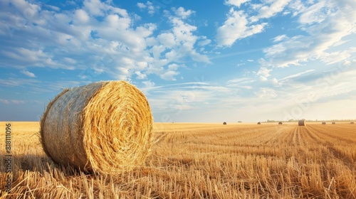 scenic harvested straw field with hay bale agriculture landscape copy space