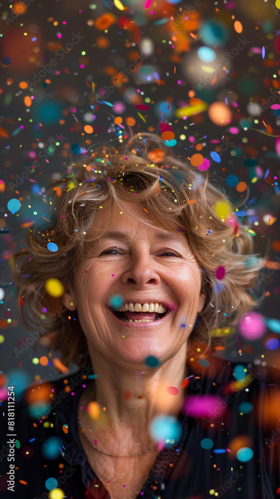 Woman smiling among confetti Woman smiling among confetti