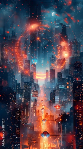 Holographic Geometric Rings Orbiting Above a Futuristic Cityscape