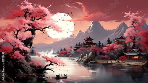Chinese painting style landscape. Asian traditional culture illustration drawing Photo