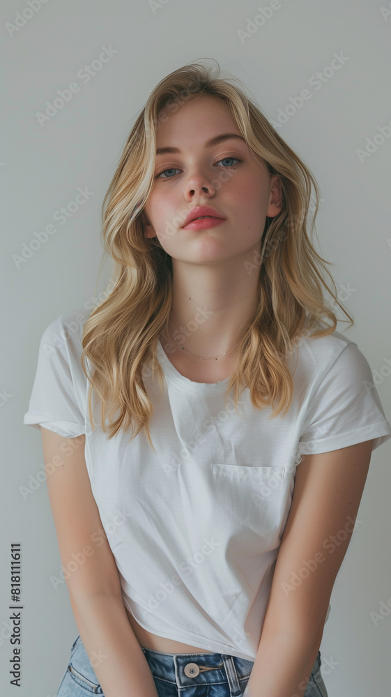 Young woman in white t-shirt and jeans Young woman in white t-shirt and jeans