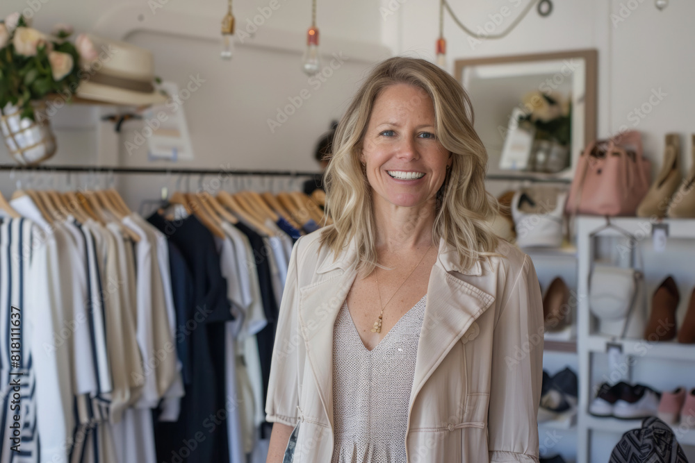 A Caucasian fashionista with an eye for timeless elegance and understated luxury, curating a carefully curated selection of classic wardrobe staples and sophisticated statement pieces in her chic