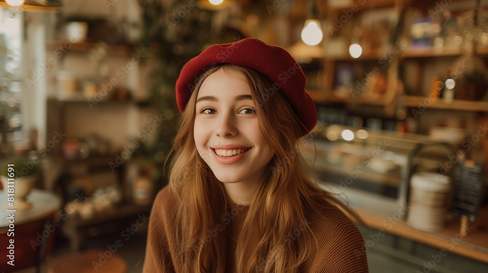 Girl smiling in red beret at coffee shop Girl smiling in red beret at coffee shop