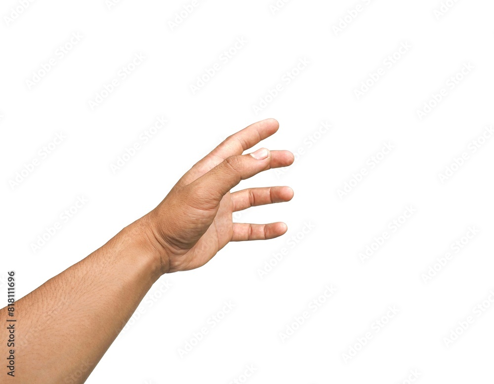 A man's hand raised his hand, gesturing like I was about to grab something. Or about to help isolated on white background. A man's hand raised his hand, gesturing like I was about to grab something. Or about to help isolated on white background.