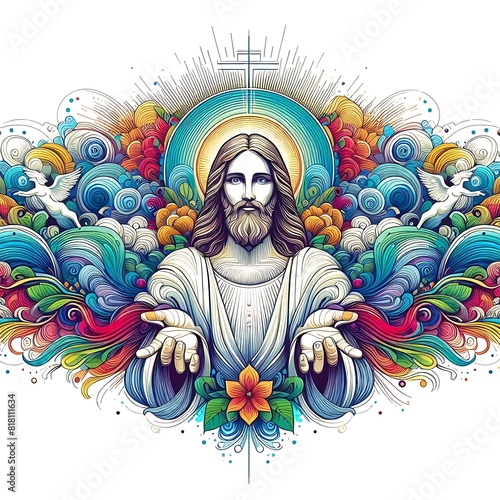 A colorful artwork of a jesus christ with his hands out has illustrative art realistic meaning.