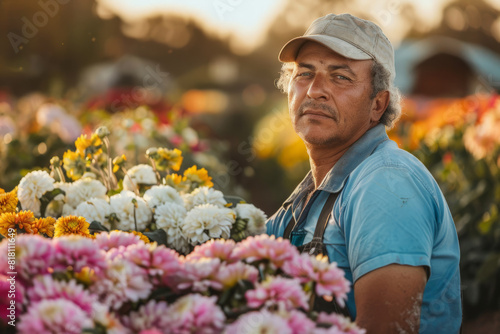 A Caucasian flower farmer cultivating fields of blossoms with love and care, his commitment to sustainable farming practices and organic blooms earning him a reputation for quality and freshness in