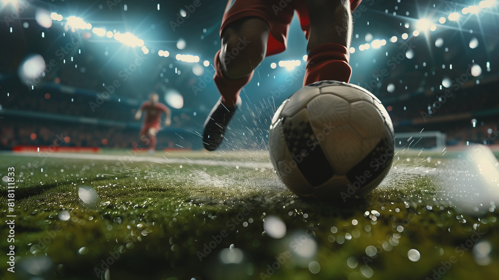 Soccer player kicks ball in rain