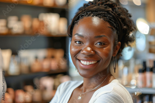 A confident African American woman selling cosmetics, her warm smile and expertise guiding customers to find the perfect products for their skin tones and preferences.