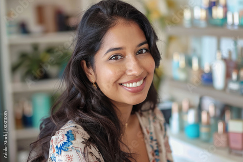 A determined Indian entrepreneur making waves in the cosmetics industry, leveraging her cultural background and business acumen to curate a range of beauty products that celebrate diversity and photo