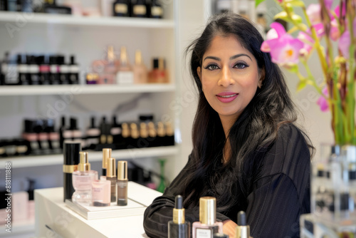 A determined Indian entrepreneur making waves in the cosmetics industry  leveraging her cultural background and business acumen to curate a range of beauty products that celebrate diversity and