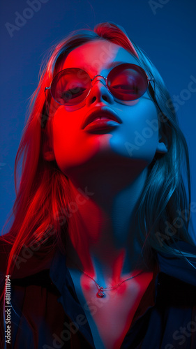 Woman wearing sunglasses in front of red light © Kateryna