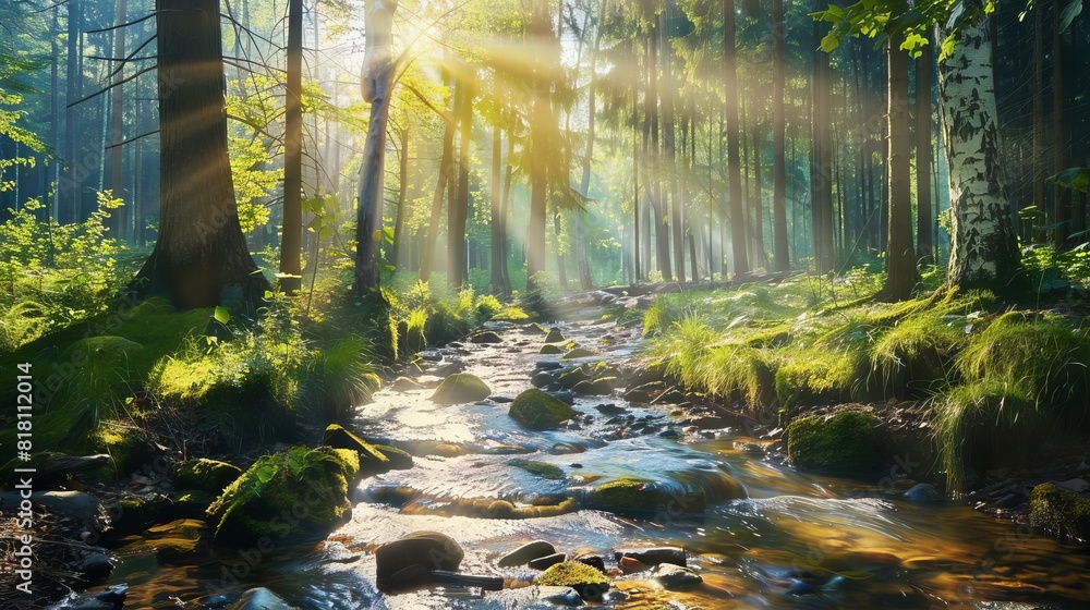 Obraz premium serene forest stream with sunbeams filtering through trees nature landscape