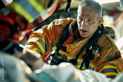 A firefighter responding to a medical emergency, administering CPR and life-saving interventions with precision and skill, his role as a first responder extending beyond fighting fires to providing