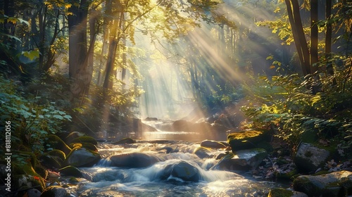 serene forest stream with sunbeams filtering through trees nature landscape
