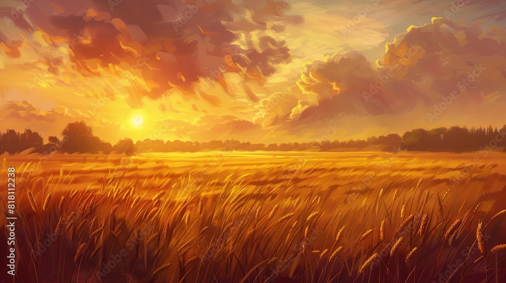 serene golden sunset over tranquil wheat field idyllic rural landscape digital painting