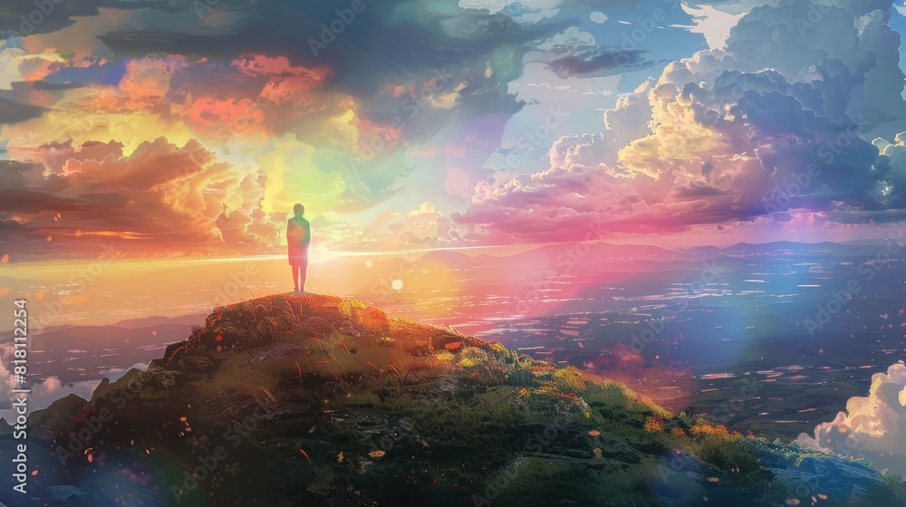 A person standing on a hilltop overlooking a vast landscape, with rainbowcore style clothing reflecting the colors of the sky and nature. A person standing on a hilltop overlooking a vast landscape, with rainbowcore style clothing reflecting the colors of the sky and nature.