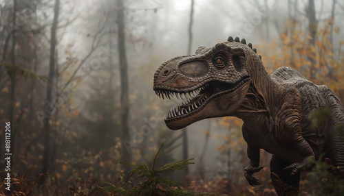 Dinosaur in misty forest
