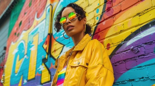 A stylish model standing in an urban setting, wearing bold rainbowcore fashion, with vibrant graffiti art featuring rainbow elements in the background.
