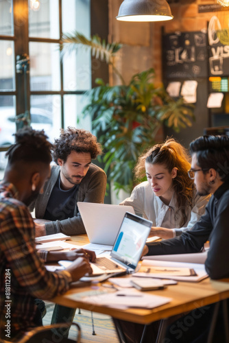 A group of young business people collaborates as a team, communicating effectively in a corporate office environment. With laptops open and papers scattered across the table, they engage in lively