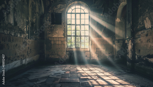 Arch window in abandoned hospital room