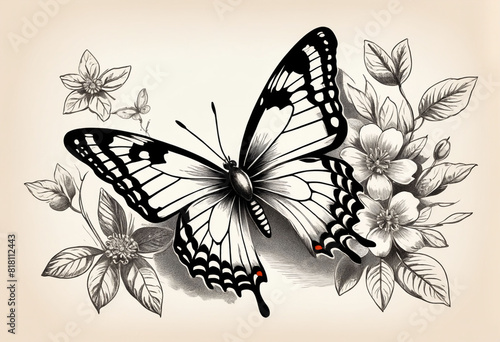 Wallpaper Mural A black and white drawing of a butterfly, sketch vintage illustration Torontodigital.ca