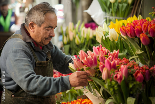 A Hispanic flower vendor arranging bouquets of tulips and lilies in his market stall, engaging in friendly conversation with customers as they admire his floral creations. #818112461