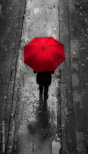 Woman holding red umbrella on dark background