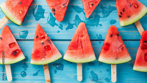 Watermelon slices on sticks on blue background